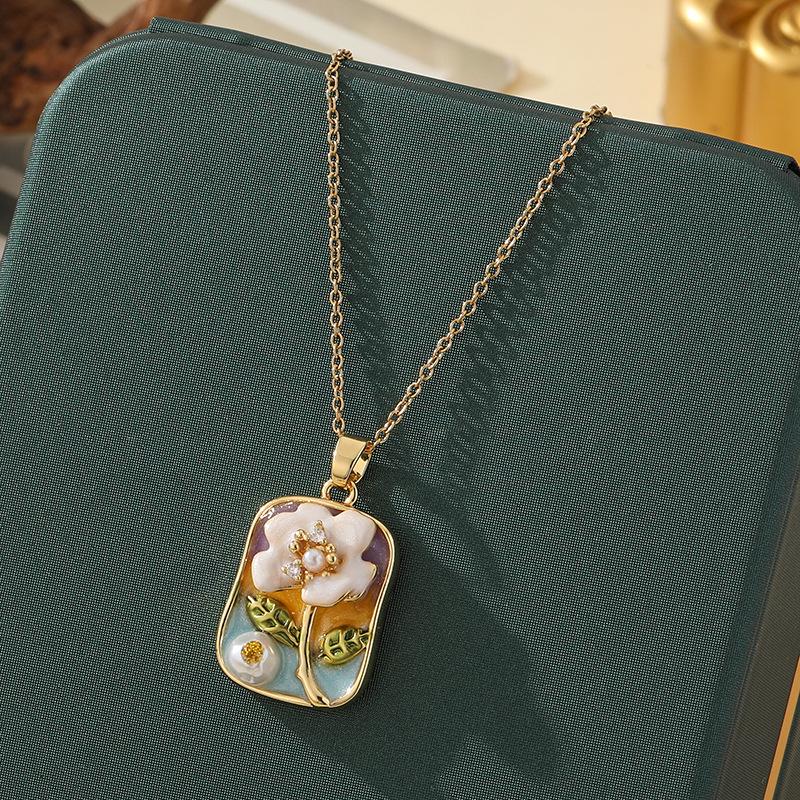 Monet-Inspired Flower Pendant Necklace, Hand-Painted, High-End Stainless Steel Clavicle Chain, New Chinese Style