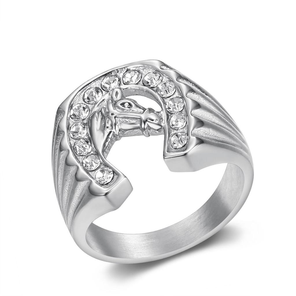 New Hip-Hop Jewelry Titanium Steel Gold-Plated Diamond-Studded Horse Head Men's Ring