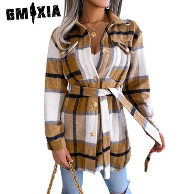 Γυναικείο Vintage Casual Καρό Εκτύπωση Slim Φθινόπωρο Χειμώνας Μακρυμάνικο Πουκάμισο με Πιέτες & Γιλέκο Μαλλί με Αντίθεση Χρωμάτων