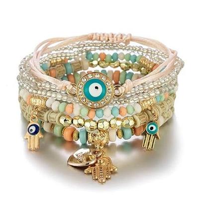 Bohemian Stackable Multilayer Hamsa Hand Evil Eye Lucky Protection Bracelets Multicolor Crystal Charm Beaded Bracelet for Women Girls