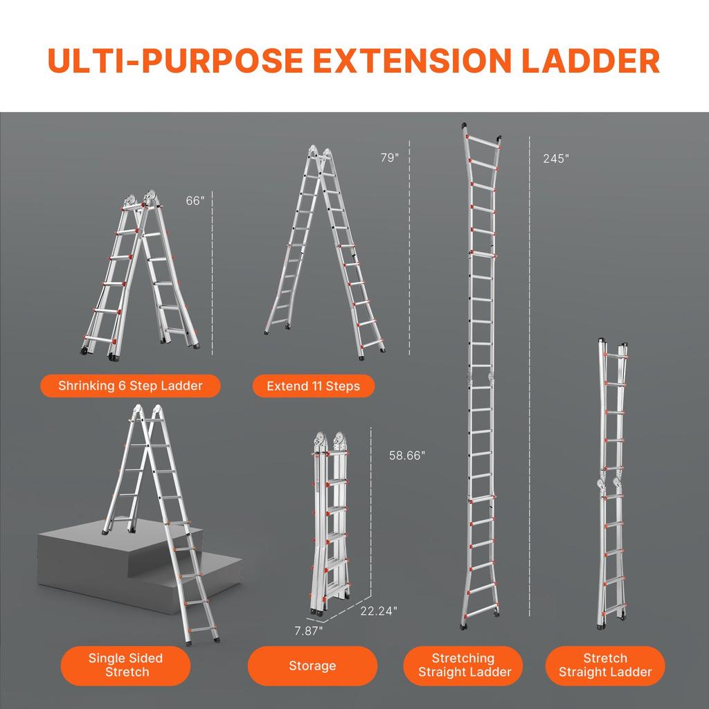 VEVOR Telescoping Ladder A Frame, 20.5 FT Compact Aluminum Extension Ladder, Multi-Function Portable Collapsible RV Ladder