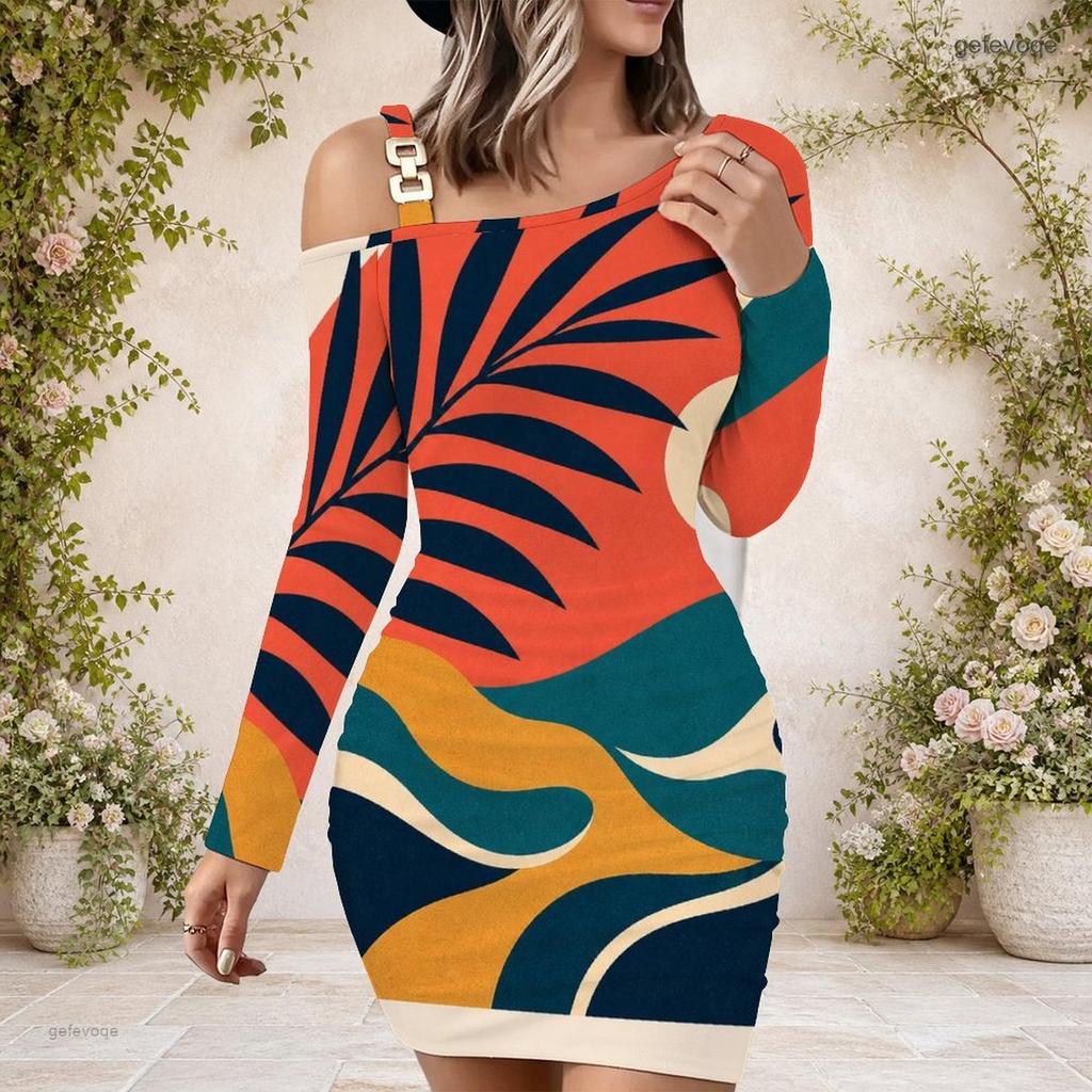 Women Plus Size One Shoulder Long Sleeve Bodycon Mini Dress Tropical Palm Sunset Wave Printed