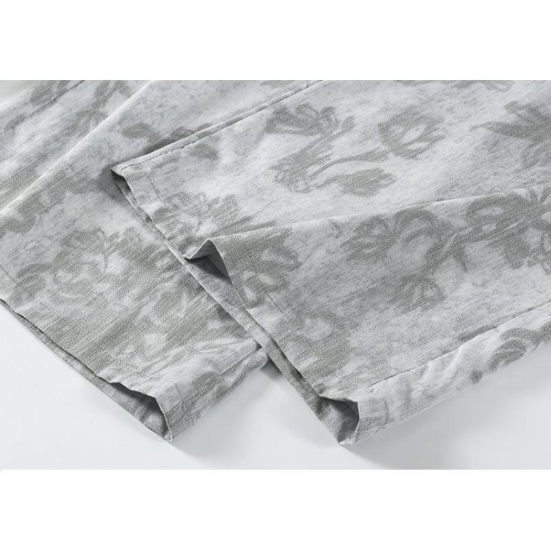 Pantaloni de vară pentru femei, imprimeu vintage, in subțire, talie înaltă, picior larg, cu buzunar