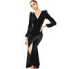 Knitted V-neck Padded Shoulder Long Sleeved Dress Women's Intellectual Temperament Dress Long Skirt