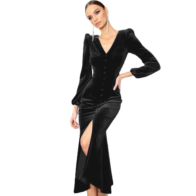 Knitted V-neck Padded Shoulder Long Sleeved Dress Women's Intellectual Temperament Dress Long Skirt