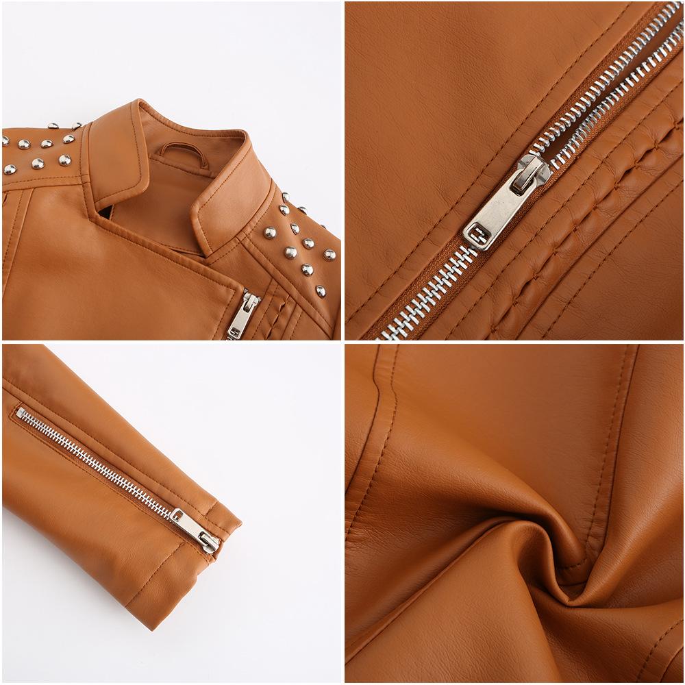 GMXIA Women's Solid Color Print Beaded Leather Motorcycle Suit Thin Spring and Autumn Long Sleeve Jackets & Coats