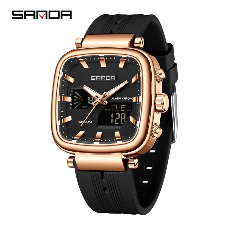 Sanda Unisex Trendy Square Watch: Multifunctional, Waterproof, Dual Display, Sports/Calendar Features, Casual Men s Electronic Wristwatch.
