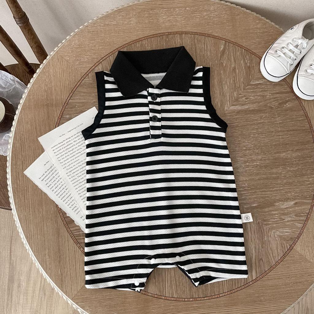 Unisex Infant Striped Sleeveless Romper with Lapel and Snap Crotch