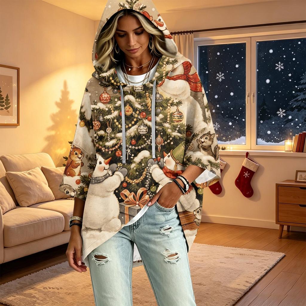 Women's Fashion Christmas Print Hooded Pullover Top, 3/4 Sleeve Casual Tunic