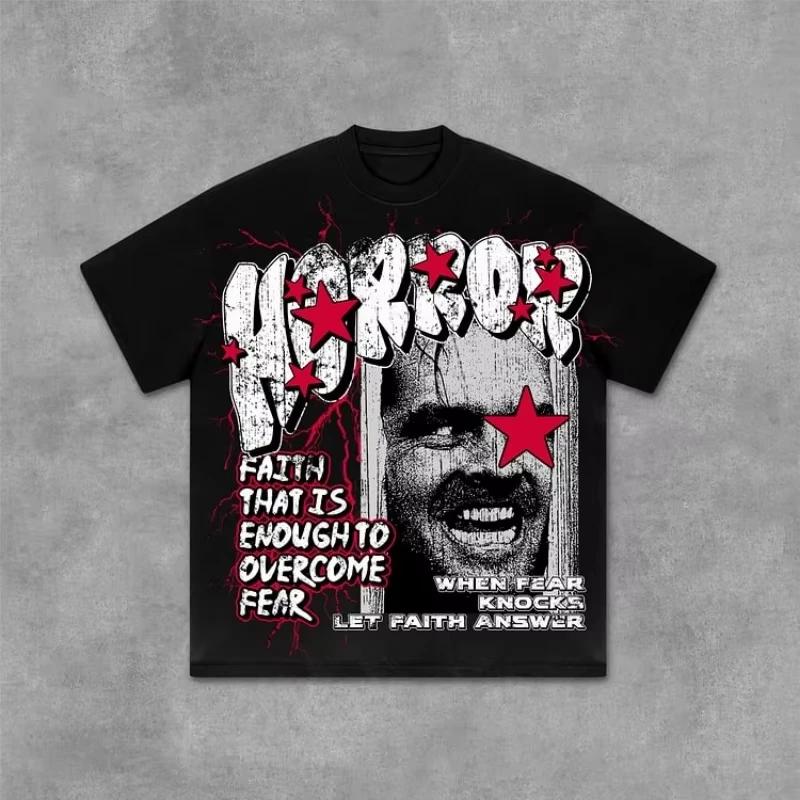 

Hot Sale Shining Faith Fear Graphics Print Cotton T-Shirt Men Y2K Summer New Tee Short Sleeves Vintage Oversized Streetwear Casual Top Summer New Tee XXXL різнокольоровий