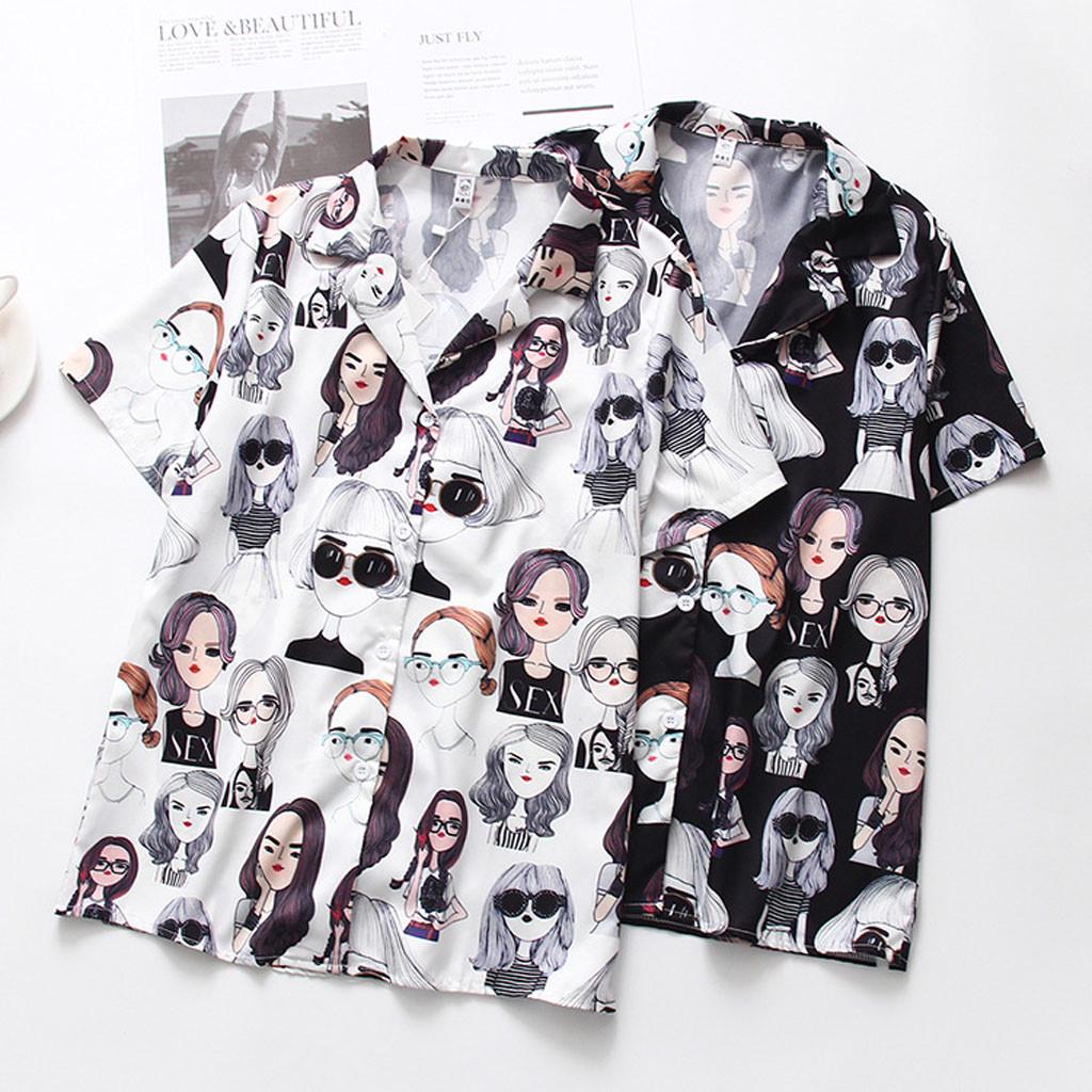 Women Fashion Short Sleeve Vintage Print Korean Shirt Casual Loose Blouse