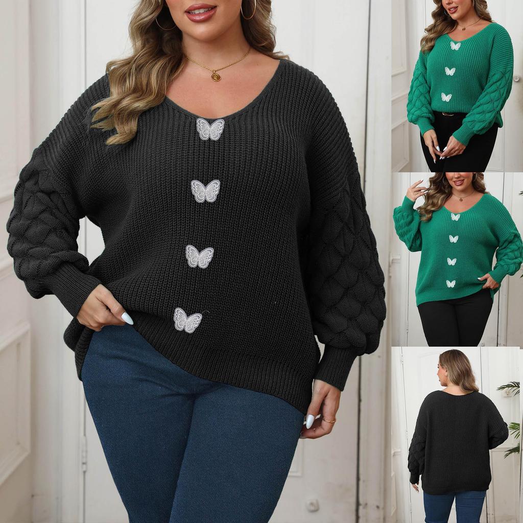 Plus Size V-Neck Knit Sweater with Pineapple and Lace Butterfly Sleeves
