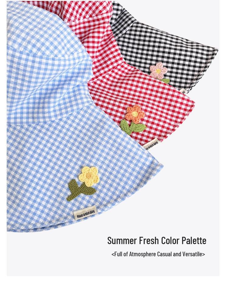 Women's Korean Checkered Wide Brim Fisherman Hat with Butterfly Tie for Summer Sun Protection