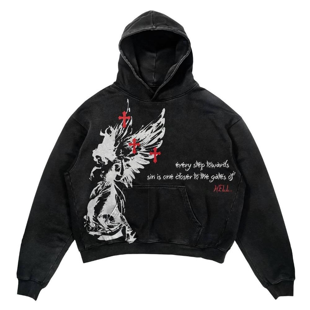 ZYLLO Retro Gothic Graphic Print Hip Hop Hoodie for Men Y2k Grunge Punk Casual Loose Pullover Women Streetwear Sweatshirt Hoodies