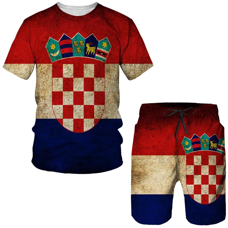 Summer Spain Flag 3D tisk Sada krátkých rukávů pro muže Mužské Barevné Funny Streetwear Dvoudílné tepláky Volné Hip Hop Streetwear