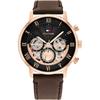 Men's Chronograph Quartz Watch Black Dial Rose Gold Case Brown Leather Strap 1710566