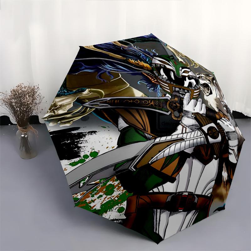 1pc Green Ranger's Mighty Alliance Pattern Beautiful Looking Fashion Automatic Folding Cartoon Umbrella, 3 Folding, 8 Iron Frame Design, Durable