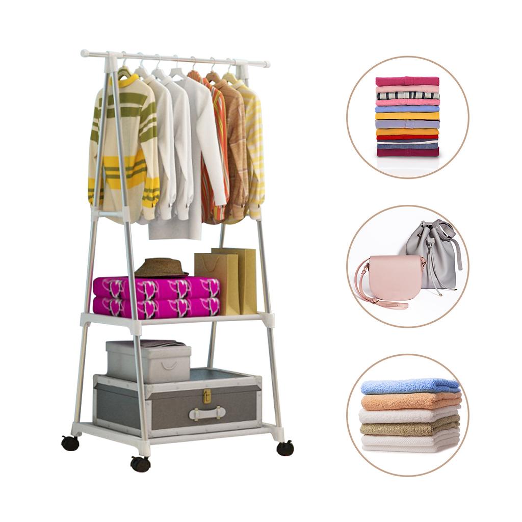 Clothes Rack 2-Tier Storage Shelves Stainless Steel Rolling Garment Rack Organizer with Wheels 2 Coat Hooks for Shoes Clothing