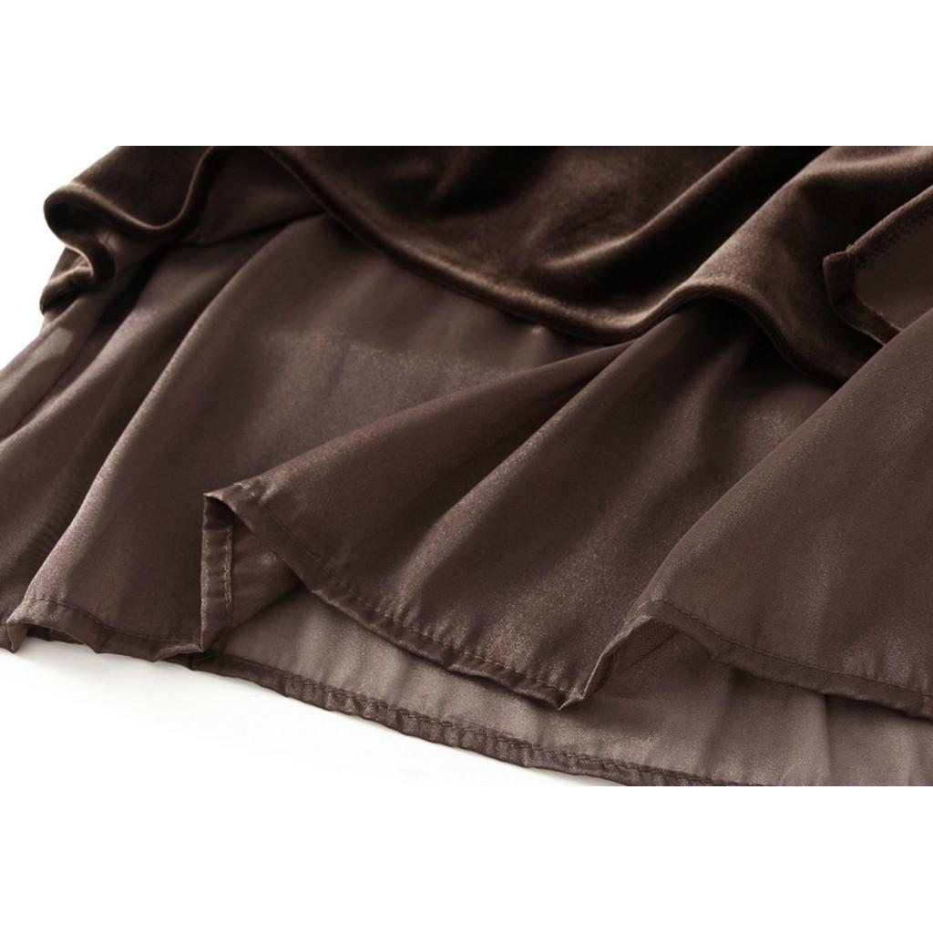 Qooth Women Velvet Split Splicing Skirt Mid Length Elastic Waist Casual Skirt QT2733