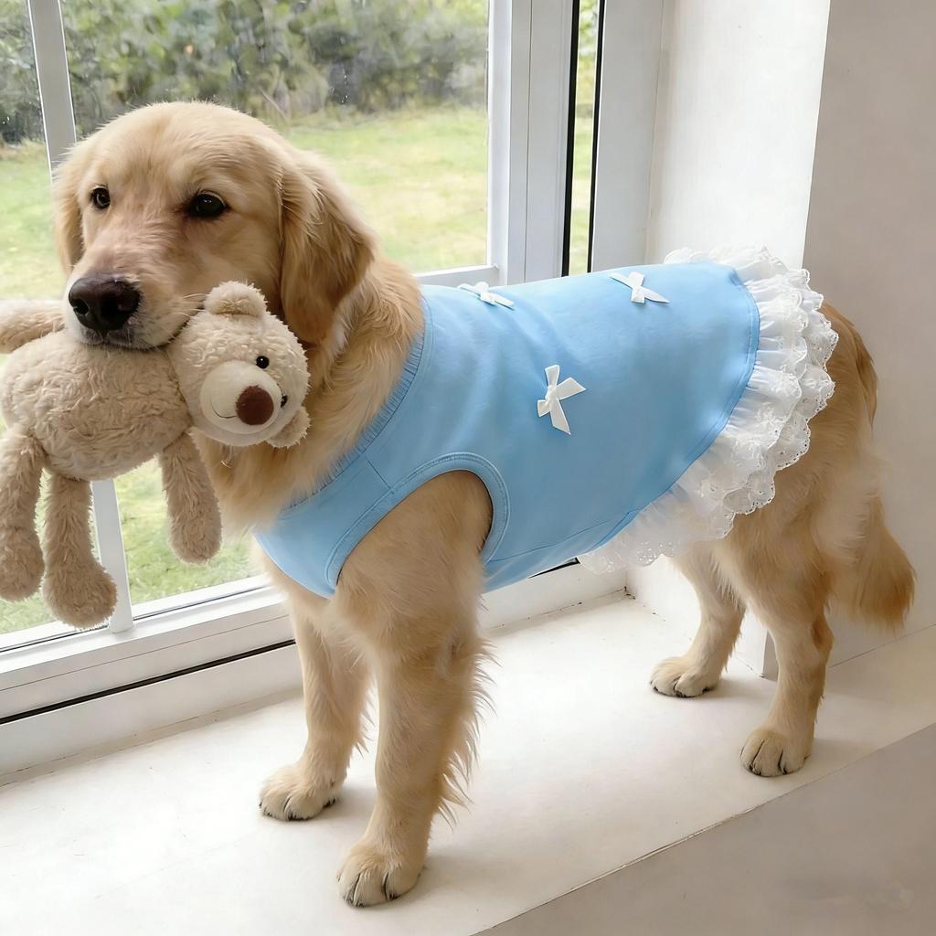 Spring Summer Thin Breathable Pink Blue Bow and Lace Decorative Dress Suitable for Medium and Large Pet Dog Clothing