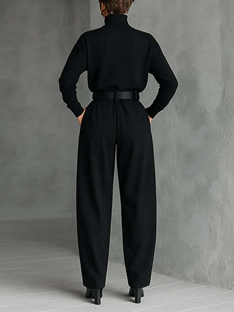 High Neck Long Sleeve & High Waist Wide Leg Pants Women's Two-Piece Set with Belt
