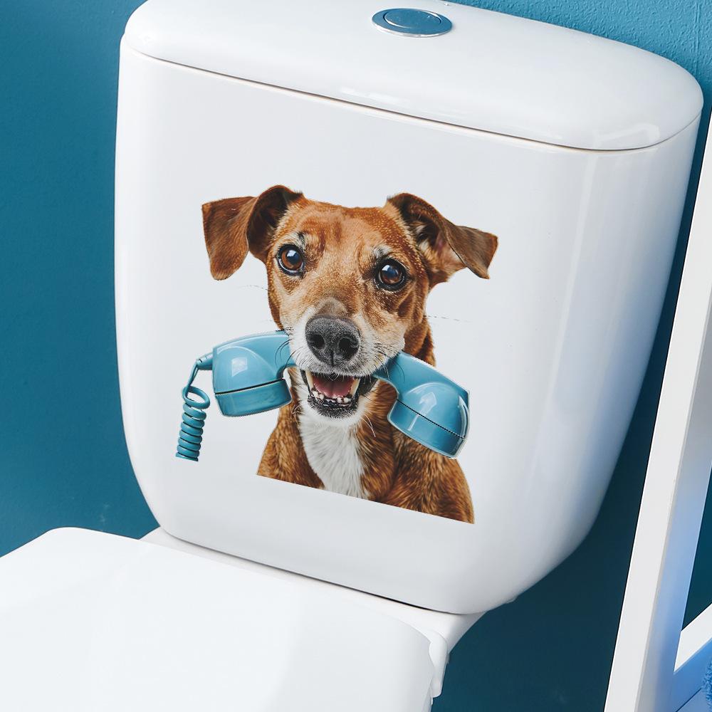 Playful Dog Making a Phone Call Toilet Sticker Waterproof Self-Adhesive Removable Decal for Bathroom WC Home Decor