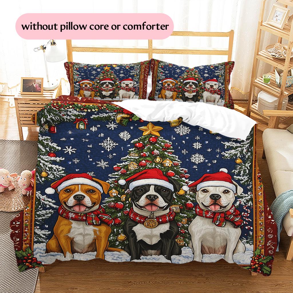 Christmas Pitbull Pattern Bedding Home Decoration Birthday Gift (1 * duvet cover + 2 * pillowcase, without core)