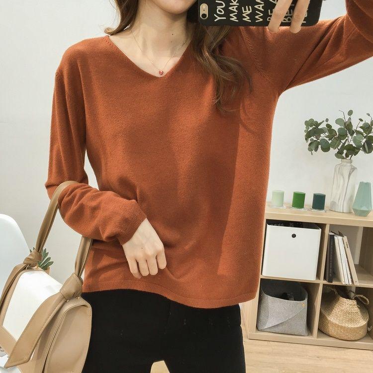 Women's V-Neck Knit Sweater: Large Size, Loose Fit, Slimming, Solid Color, Perfect for Early Autumn and Winter