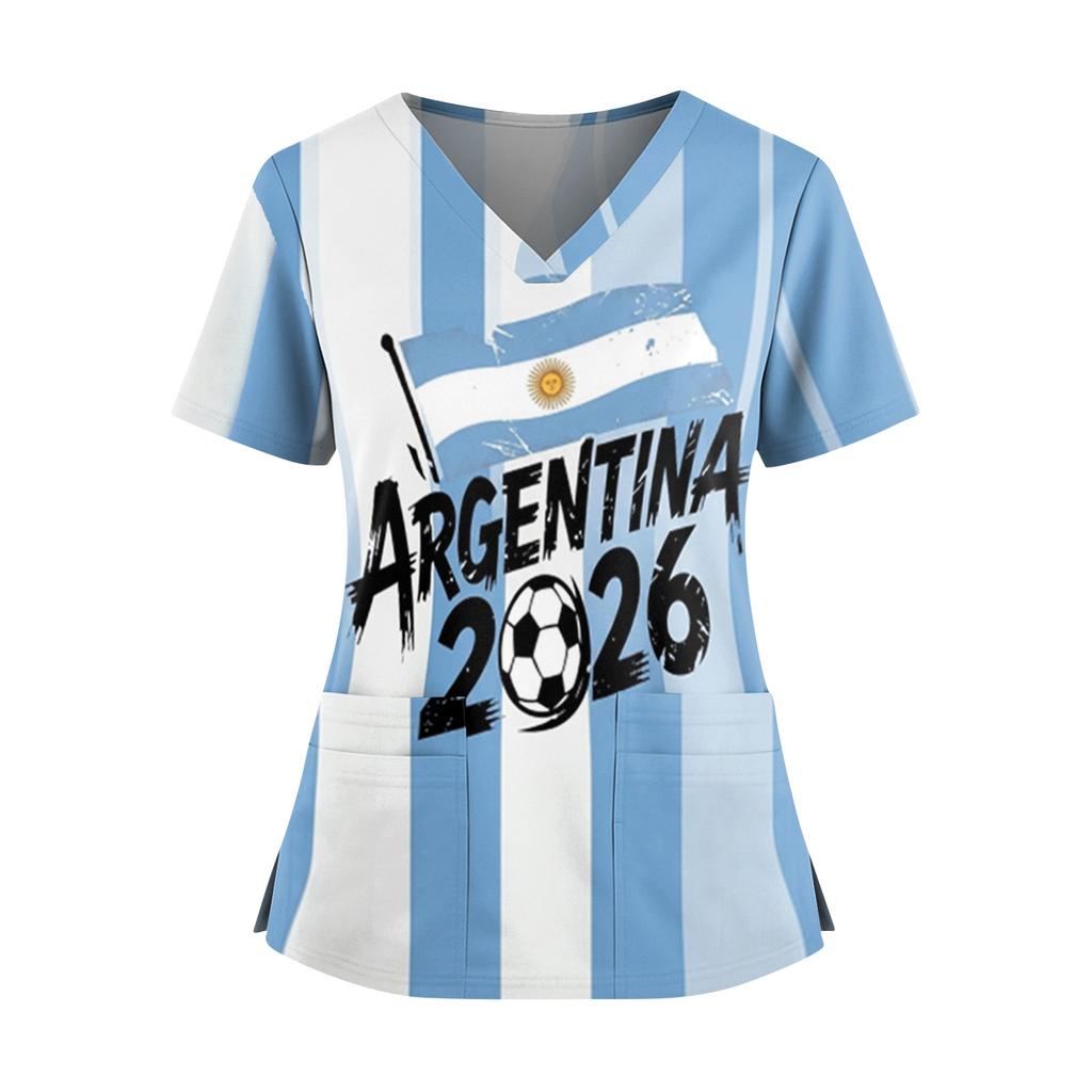 Women's Short Sleeve V-Neck Scrub Top with Pockets and Side Slits, Soccer Flag Print