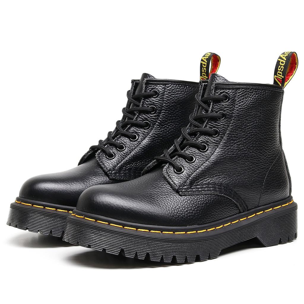 Lychee Pattern 101 Cargo Boots Women's 6-hole Top Layer Soft Cowhide Couple Boots Medium Platform Leather Motorcycle Boots Round Toe