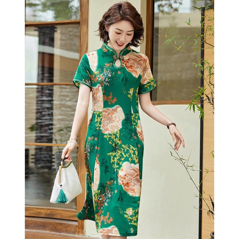 Pastel New Chinese Style Printed Slimming Midi Cheongsam Dress XL зелёный
