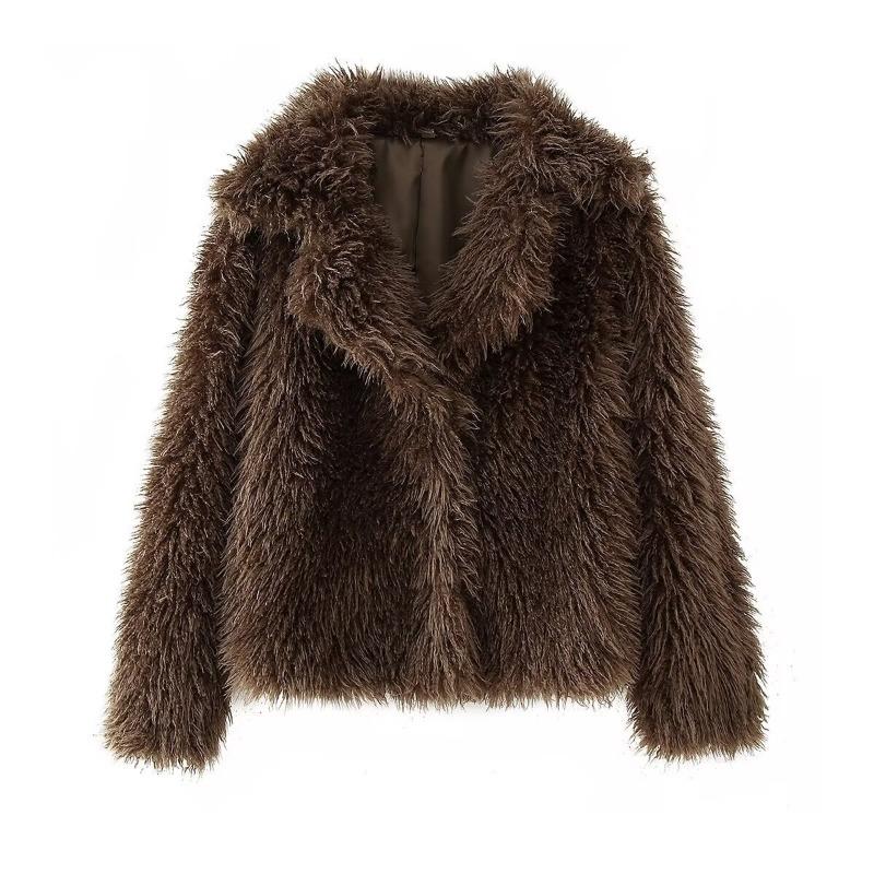 Women's Burgundy Faux Fur Cropped Coat Lapel Long Sleeve Warm Winter Jacket