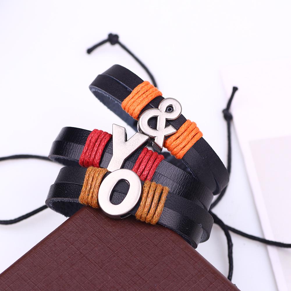 Handmade Woven Leather Bracelet with English Letter Charms