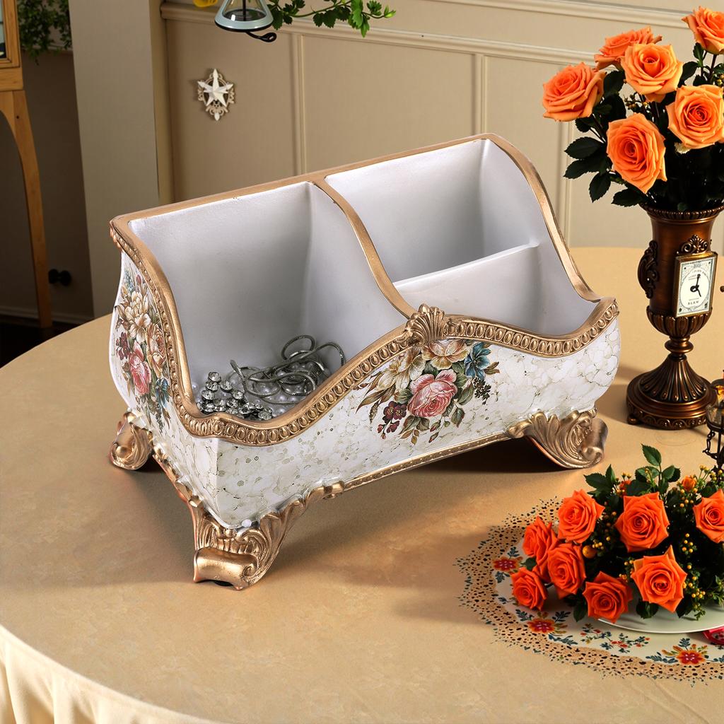 Vintage Floral Resin Tray Remote Control Holder & Desk Organizer Three Compartment Storage Box  Table Home Decor