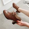 British Retro Oxford Shoes Women Pumps Women Pointed Toe Casual Thick Heel Leather Shoes Woman Lace Up Flats Size 34-43