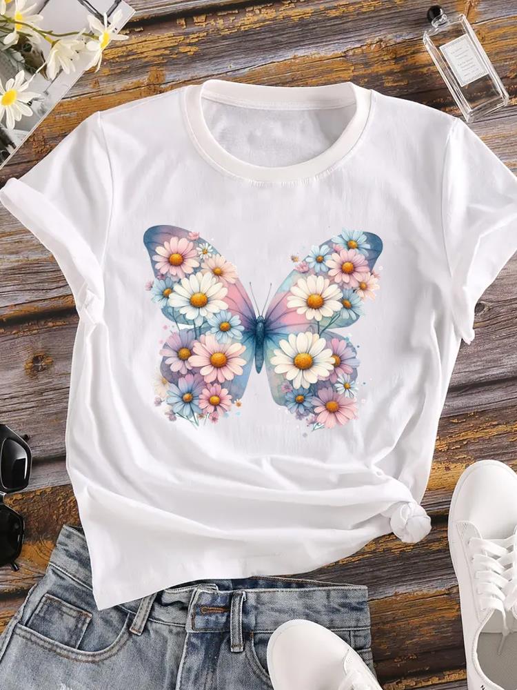 

(Asian Size) trend flower sweet Printed Female Top T Shirt Clothing Lady o-neck Short Sleeve T-shirts Casual Fashion Women Graphic Tee S
