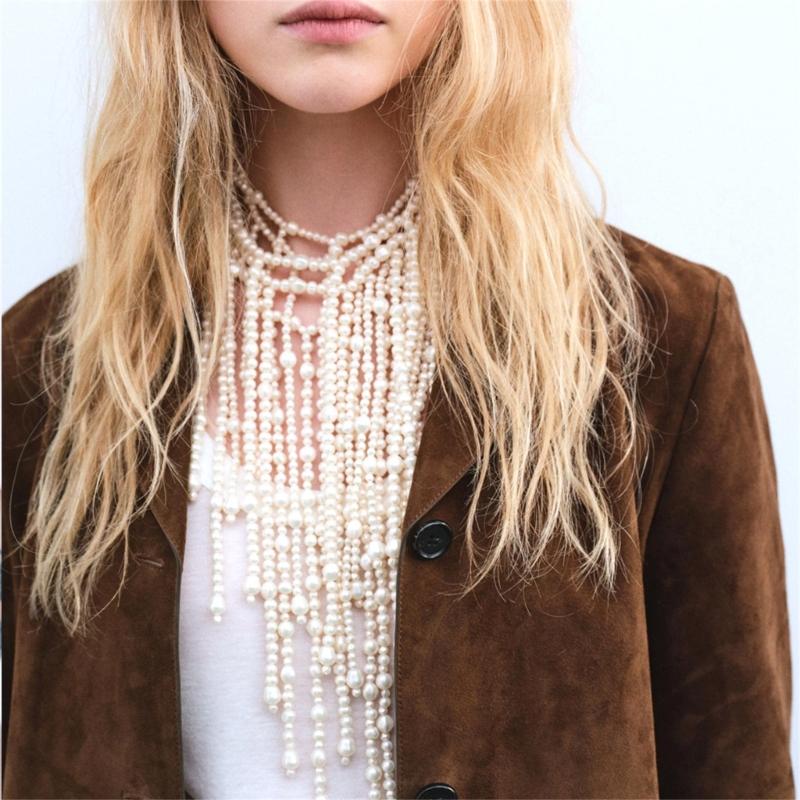 Stylish Beaded Collarbone Chain Faux Pearls Strand Necklace Adjustable Length Jewellery Piece For Versatile Styling