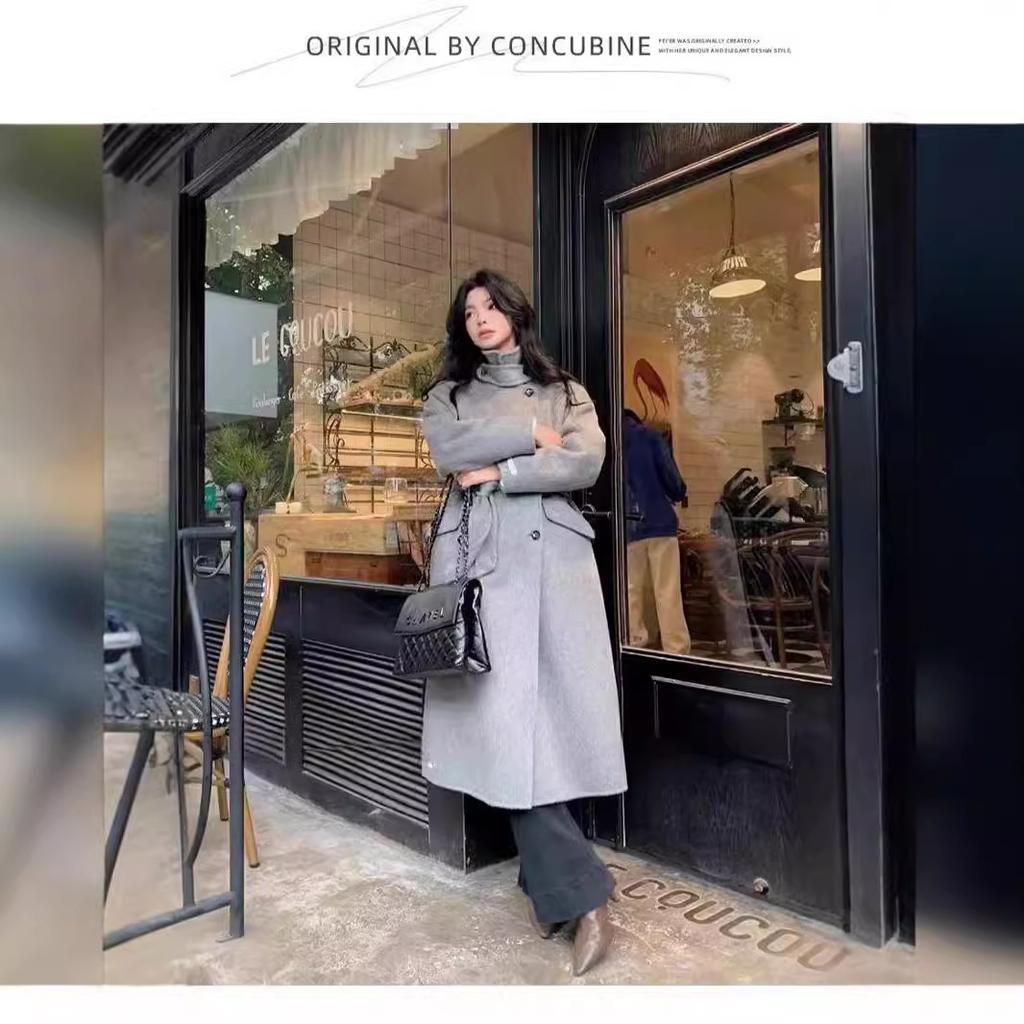 Autumn and Winter Temperament Department Stand-up Collar Medium and Long High-end Woolen Coat Women