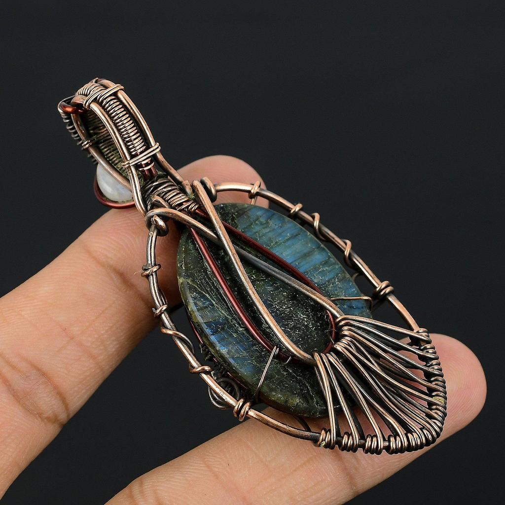 Labradorite & Rainbow Moonstone Pendant, Handmade Gemstone 999 Copper Wire Wrapped Pendant Antique Jewelry, For Gift Silver Jewelry