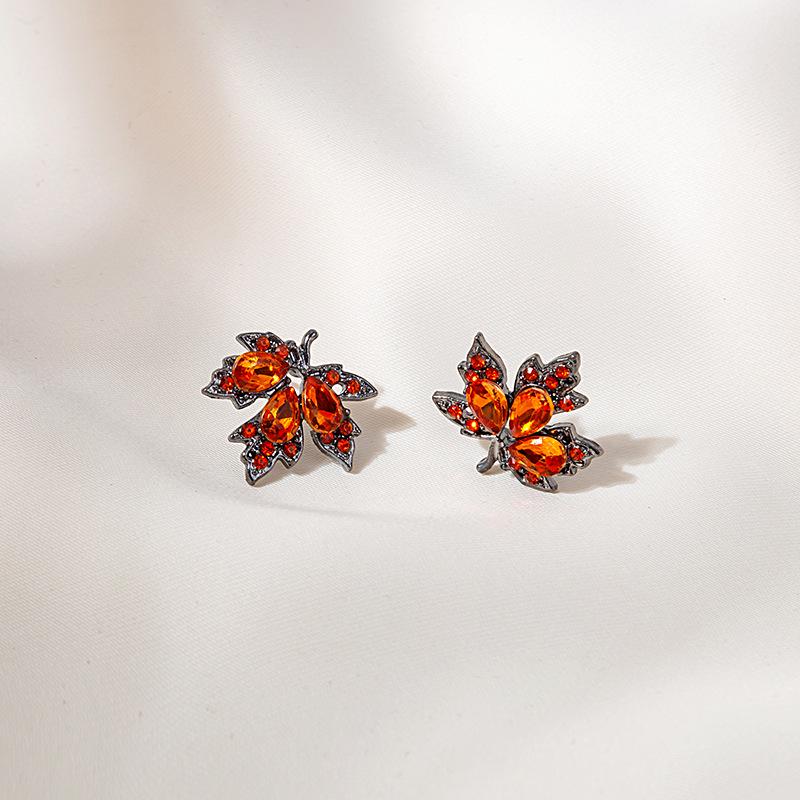 Retro Artistic Red Maple Leaf Stud Earrings with Zircon and Full Diamond Pave - Autumn/Winter Style