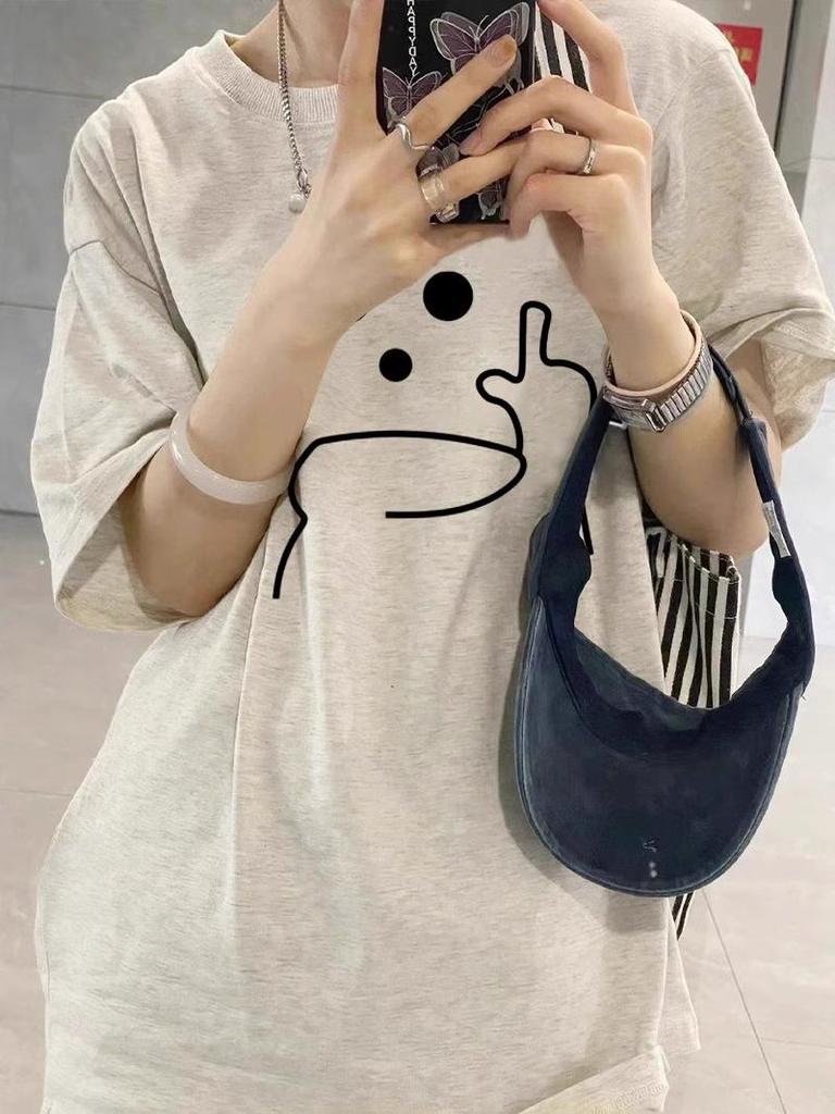 Damen 2025 Sommer Reiner Baumwolle Kurzarm T-Shirt - Gerades Schulterdesign, Lockere Passform, Trendiger Amerikanischer Nischenstil