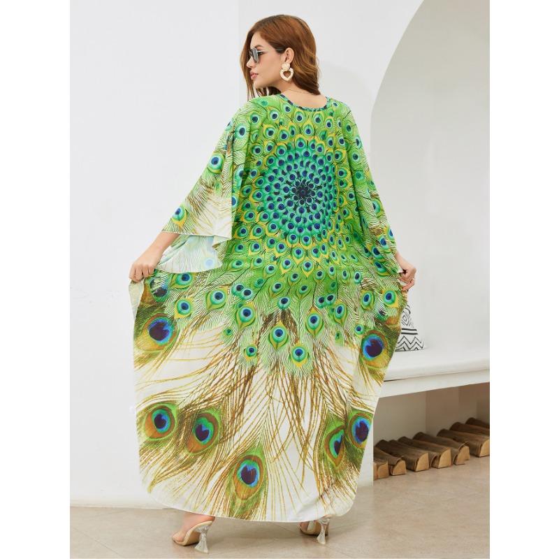 Women's Fashion Summer Spring Feather Print 3/4 Sleeves V-Neck Loose Waistline Casual Dresses