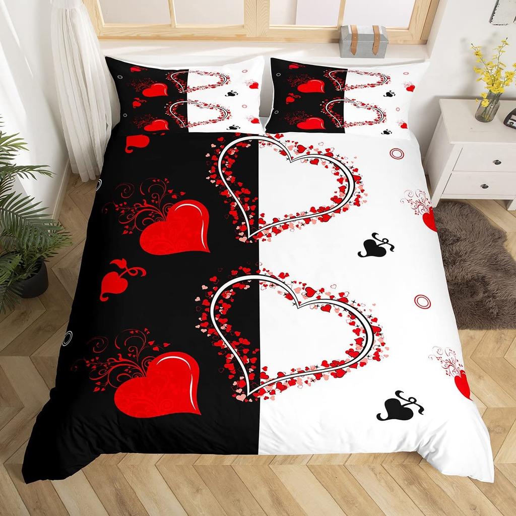 Happy Valentine'S Day Duvet Cover Pink Red Heart Mystery Starry Sky Bedding Set Romantic Love Pattern Black Galaxy Quilt Cover