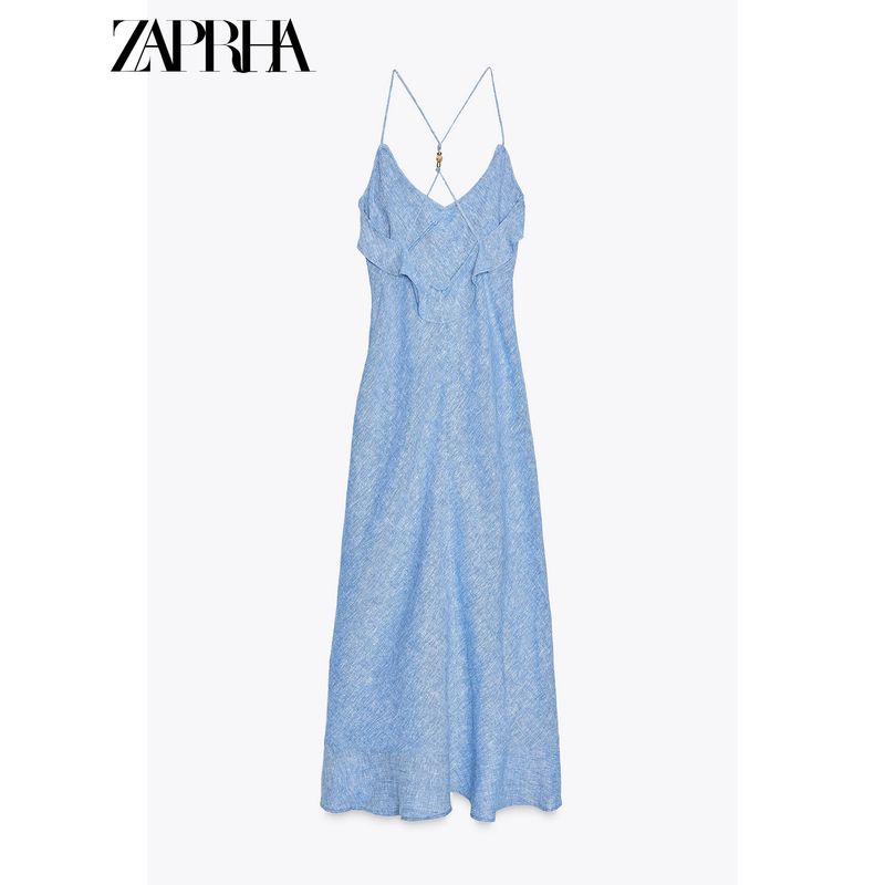 Zaprha 2025 New Arrival Seaside Holiday Style Linen Blend Laminated Decoration Sling Dress 7953757