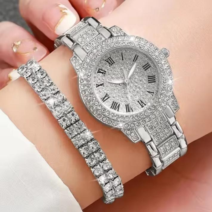 Roman Literal Steel Belt Watch Female Gypsy Temperament Business Quartz Watch Hip-Hop Wind Full Diamond Bracelet Set