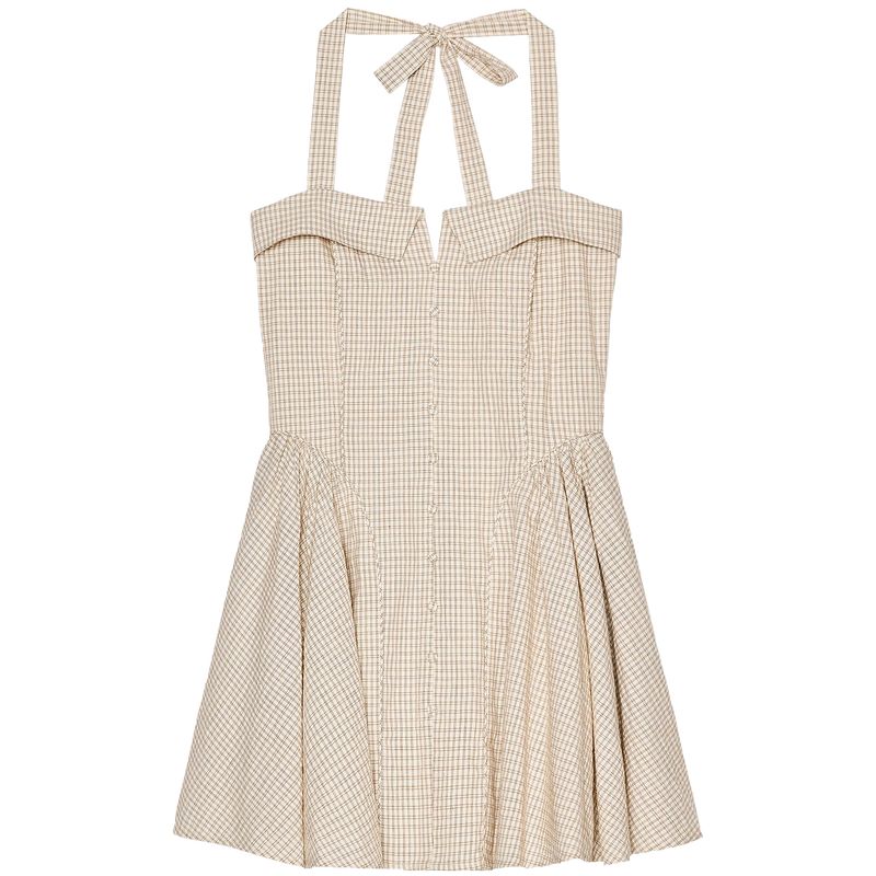 Zaprha 2025 New Arrival French Sweet First Date Silm Cotton Hanging Collar Gingham Short Dress 5107303