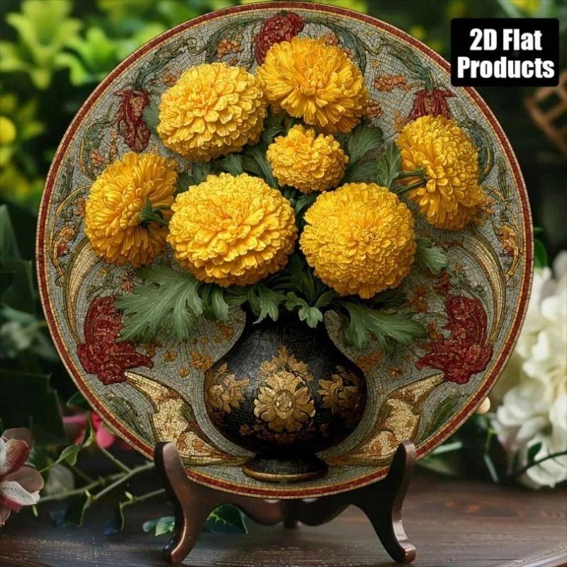 Retro Round Metal Flower Wall Poster 20cm for Kitchen