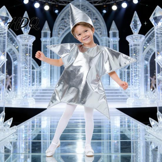 Kegelvormige Ster Kostuumset Zilver/Goud Kerststal voor Kinderen Kerstscène Festival Vorm Cosplay Outfits Zondagsschool Kerkbenodigdheid Glanzend