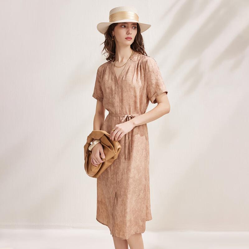 Zhaojun Women's Retro Jacquard Mulberry Silk Short-Sleeve Dress