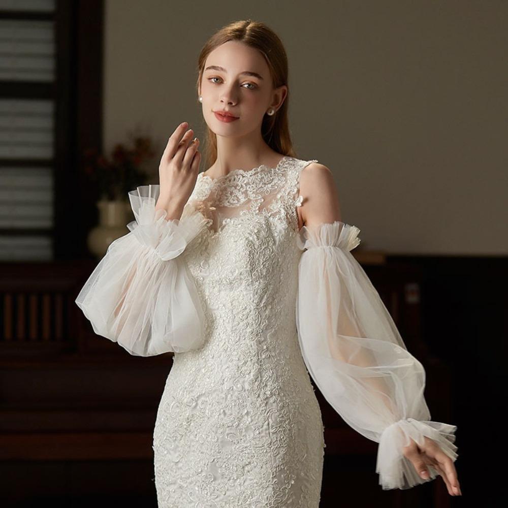 Elegant Yarn Bridal Arm Sleeves Pleated Lace Breathable Wedding Long Sleeves Lantern shaped Solid Color Arm Covers Women
